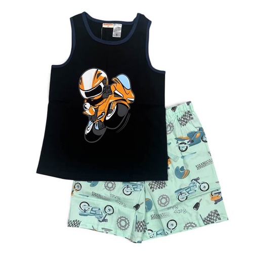Boys Size 10-14 Black Motorbike Summer Cotton Tank Top Pyjama Set (Me)