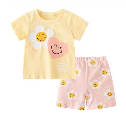 Girls Size 3-7 Yellow Pink Daisy Summer Cotton Short Sleeve Pyjama Set (Me)