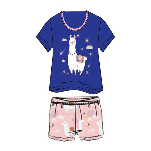 Girls Size 3-8 Navy Blue Llama Summer Cotton Short Sleeve Pyjama Set (Me)