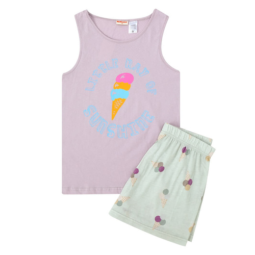 Girls Size 10-14 Lilac Ice Cream Cone Summer Cotton Tank Singlet Pyjama Set (Me)