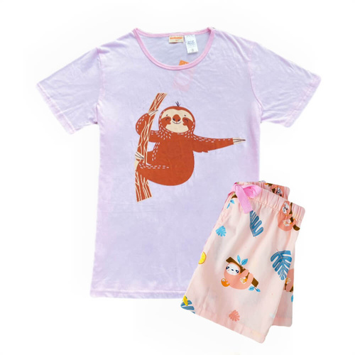 Girls Size 3-8 Pink Lilac Sloth Summer Cotton Short Sleeve Pyjama Set (Me)