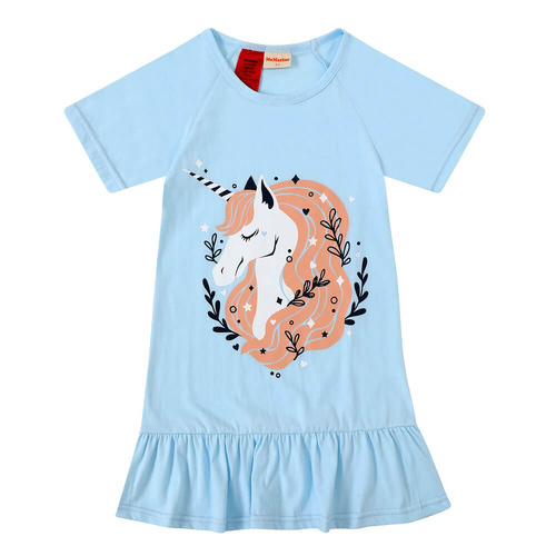 Girls Size 10-16 Blue Unicorn Summer Cotton Blend Short Sleeve Nightie (Me)
