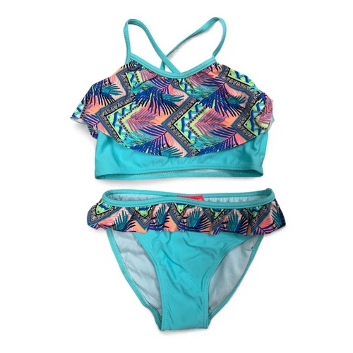 Girls Size 8-14 Aqua Aztec Palm Tankini Set Summer Swimsuit Bathers Swimwear UPF50+
