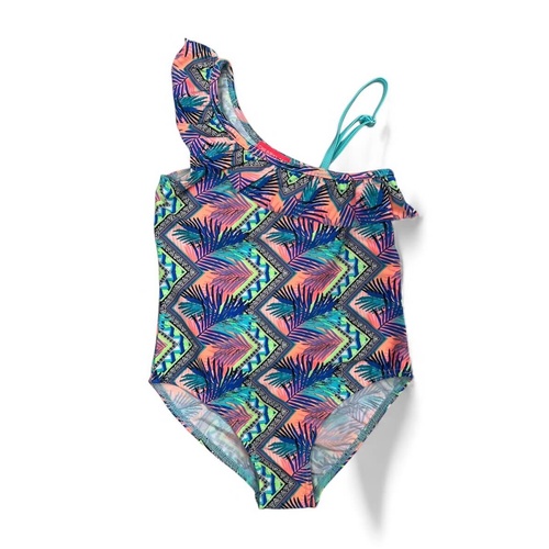 Girls Size 8-14 Aqua Aztec Palm One Piece Summer Swimsuit Bathers Swimwear UPF50+