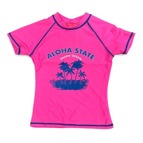 Girls Size 8-16 Hot Pink Aloha Summer Short Sleeve Rash Top Bathers Swimwear UPF50+