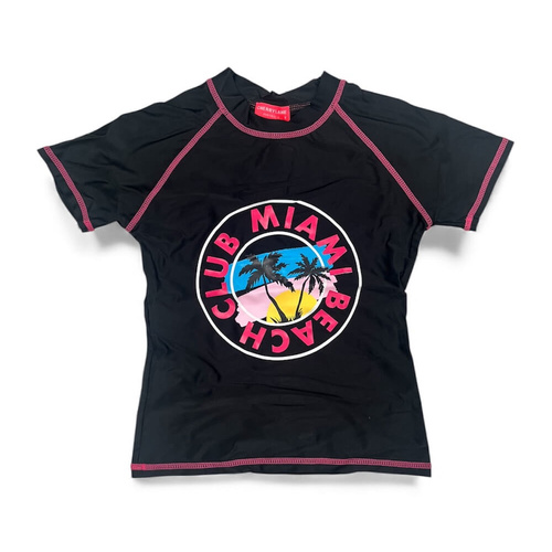 Girls Size 8-16 Black Miami Beach Summer Short Sleeve Rash Top Bathers Swimwear UPF50+