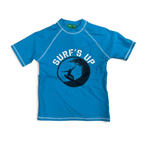 Boys Size 8-16 Aqua Blue Surfs Up Summer Short Sleeve Rash Top Bathers Swimwear UPF50+