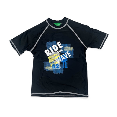 Boys Size 8-16 Black Ride The Wave Summer Short Sleeve Rash Top Bathers Swimwear UPF50+