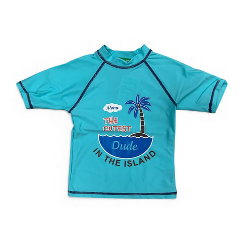 Boys Size 3-7 Light Blue Island Dude Summer Short Sleeve Rash Top Bathers Swimwear UPF50+