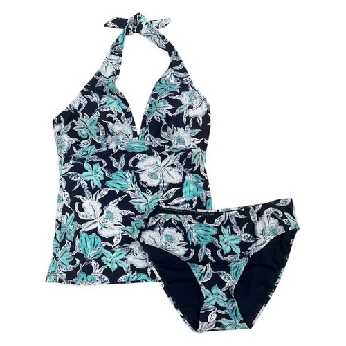 Womens Navy Blue Floral Print Summer 2 Piece Tankini Set Bathers Swimwear UPF50+