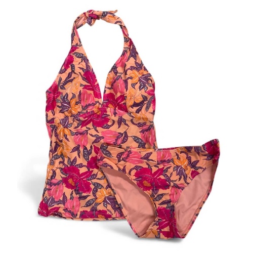 Womens Coral Pink Floral Print Summer 2 Piece Tankini Set Bathers Swimwear UPF50+