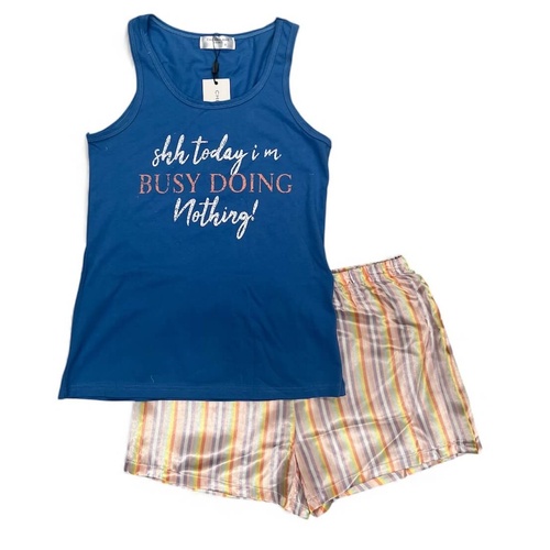 Womens Blue Busy Print Cotton Singlet Satin Shorts Summer Pyjama Set