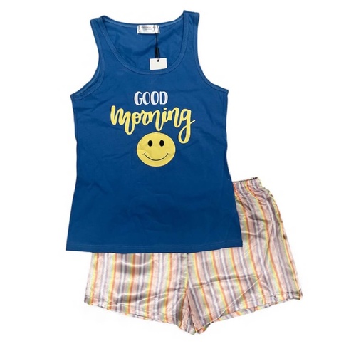 Womens Blue Good Morning Cotton Singlet Satin Shorts Summer Pyjama Set