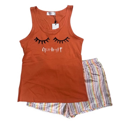 Womens Orange Goodnight Cotton Singlet Satin Shorts Summer Pyjama Set