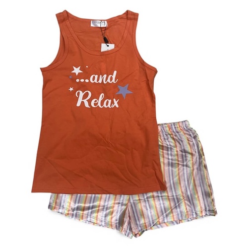 Womens Orange Relax Cotton Singlet Satin Shorts Summer Pyjama Set