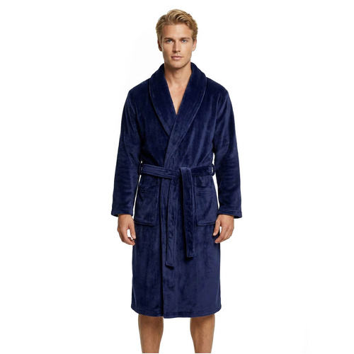 Mens Size S-XL Navy Blue Winter Fleece Bathrobe Dressing Gown Wrap Robe (Me)