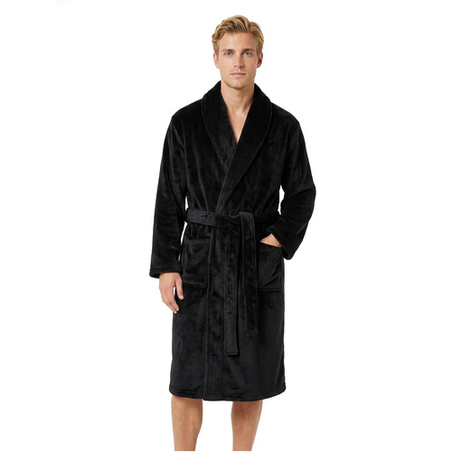 Mens Size S-XL Black Winter Fleece Bathrobe Dressing Gown Wrap Robe (Me)
