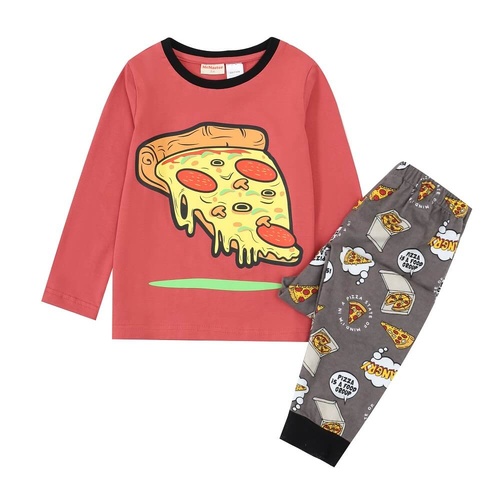 Boys Size 10-14 Red Pizza Winter Cotton Flannel Long Sleeve Pyjama Set (Me)