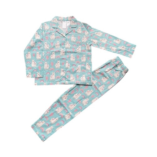 Girls Size 8-14 Mint Llama Print Winter Cotton Flannel Long Sleeve Pyjama Set (Me)