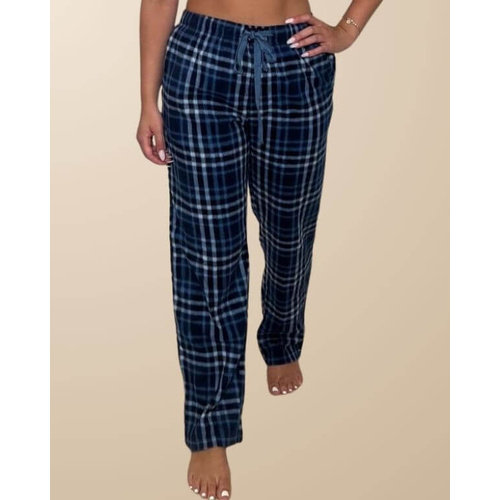 Womens Sizes S-XL Navy Blue Check Winter Coral Fleece Long Sleep Pyjama Pants