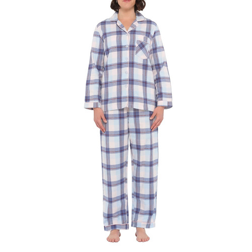Womens Magnolia Lounge Blue Check Cotton Flannel Winter Long Pyjama Set