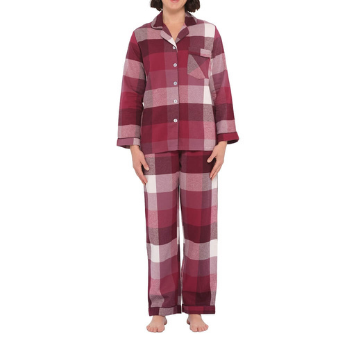 Womens Magnolia Lounge Burgandy Check Cotton Flannel Winter Long Pyjama Set