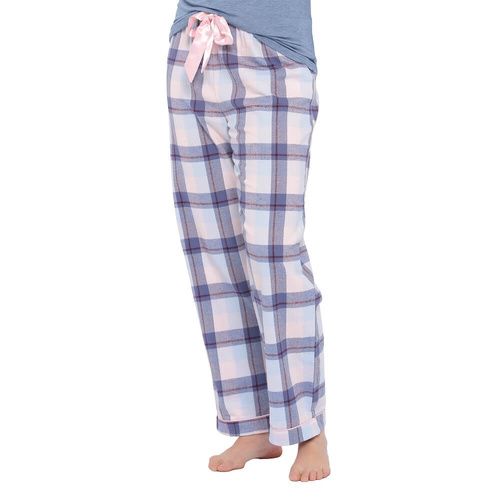 Womens Magnolia Lounge Blue Check Cotton Flannel Winter Long Sleep Pyjama Pants