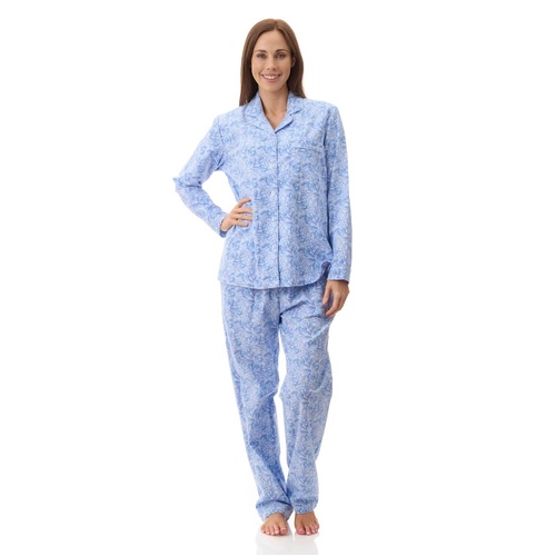 Womens Givoni Blue Floral Long Winter Cotton Flannel Pyjama Set 96K
