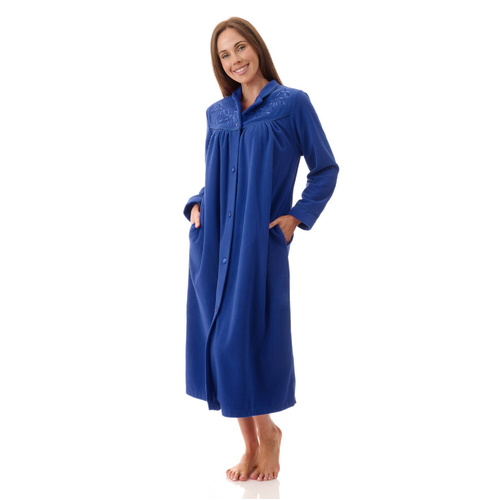 Womens Givoni Blue Mid Length Button Fleece Winter Dressing Gown Bath Robe GB80