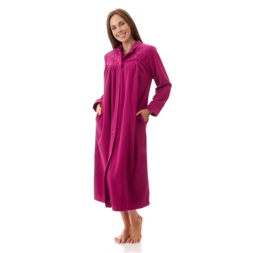 Womens Givoni Magenta Mid Length Button Fleece Winter Dressing Gown Bath Robe GB80
