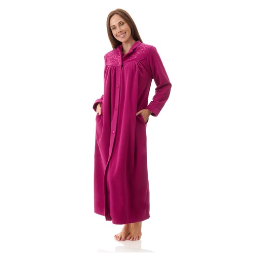 Womens Givoni Magenta Long Length Button Fleece Winter Dressing Gown Bath Robe - 83