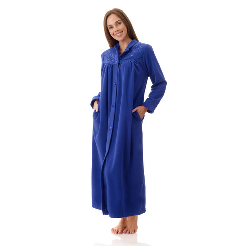Womens Givoni Blue Long Length Button Fleece Winter Dressing Gown Bath Robe - 83