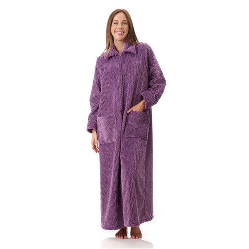 Womens Givoni Purple Long Length Zip Fleece Luxury Dressing Gown Bath Robe – 32