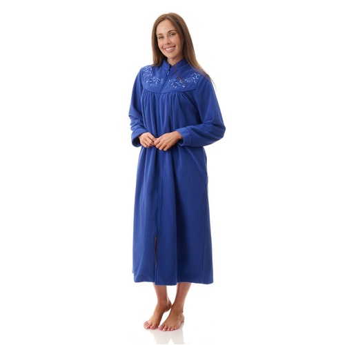 Womens Givoni Blue Mid Length Zip Winter Fleece Dressing Gown Bath Robe – 81