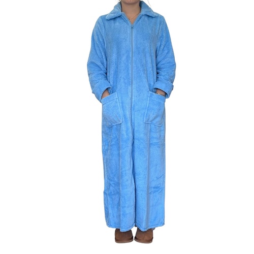 Womens Givoni Blue Long Length Zip Fleece Luxury Dressing Gown Bath Robe – 32
