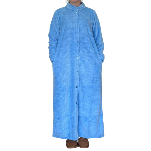 Womens Givoni Blue Long Length Button Fleece Luxury Dressing Gown Bath Robe – 45