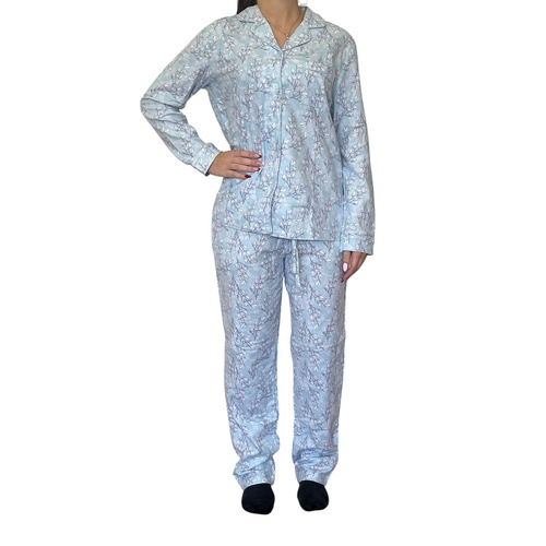 Womens Givoni Blue Mint Floral Long Winter Cotton Flannel Pyjama Set 96J