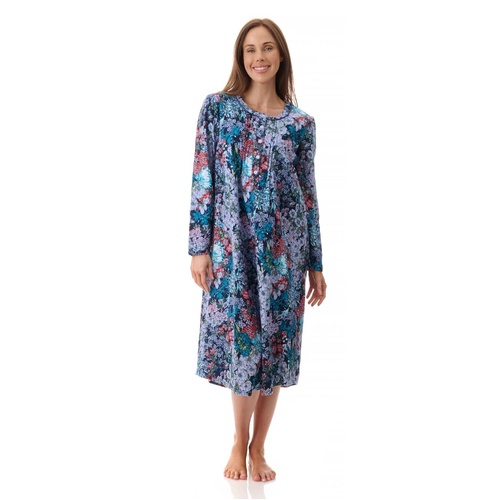 Womens Givoni Navy Blue Floral Long Sleeve Winter Cotton Flannel Nightie Mid Length 71F