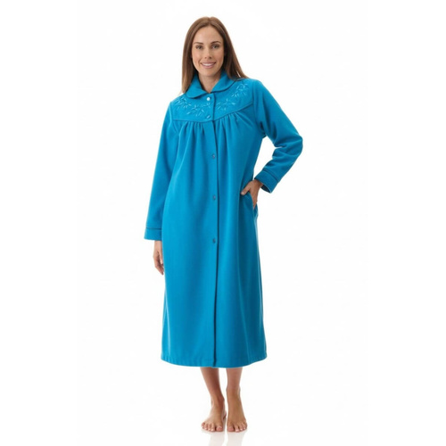 Womens Givoni Blue Button Mid Length Fleece Winter Dressing Gown Robe 74