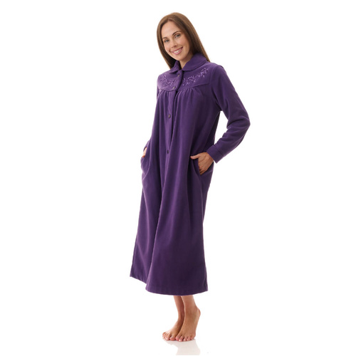 Womens Givoni Purple Button Mid Length Fleece Winter Dressing Gown Robe 74