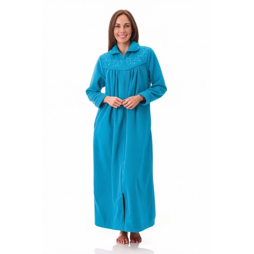 Womens Givoni Blue Zip Long Length Fleece Winter Dressing Gown Robe 77 Teal