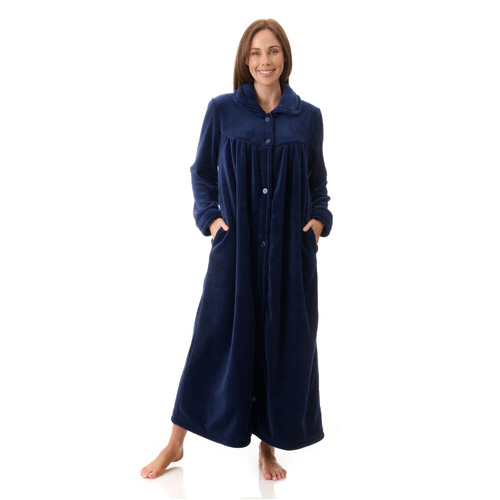 Womens Givoni Navy Blue Button Long Length Luxury Fleece Dressing Gown Robe 40