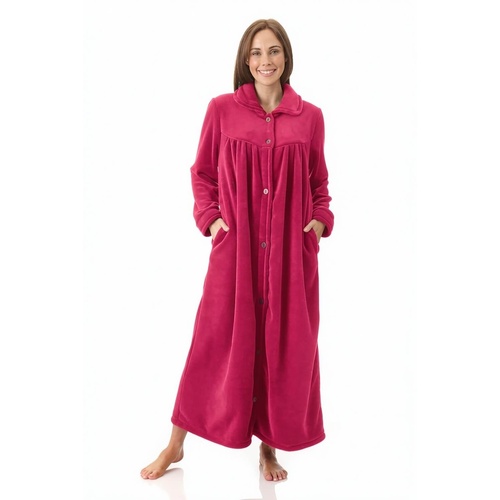 Womens Givoni Magenta Button Long Length Luxury Fleece Dressing Gown Robe 40
