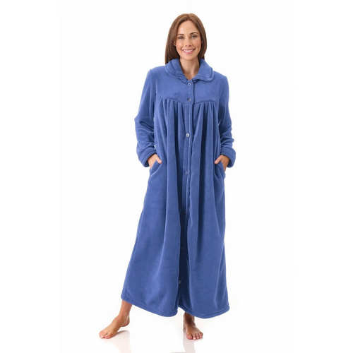 Womens Givoni Blue Button Long Length Luxury Fleece Dressing Gown Robe 40