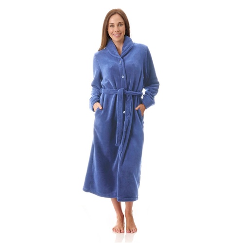 Womens Givoni Blue Mid Length Button Wrap Luxury Dressing Gown Bath Robe – 77