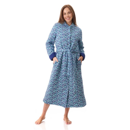Womens Givoni Blue Quilted Mid Length Button Wrap Cotton Dressing Gown Bath Robe 31J