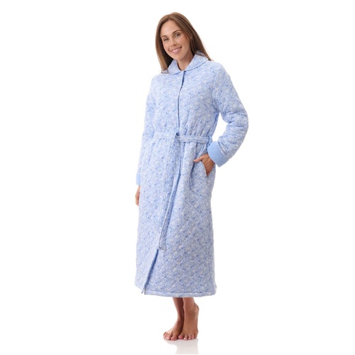 Womens Givoni Blue Quilted Mid Length Button Wrap Cotton Dressing Gown Bath Robe 31K