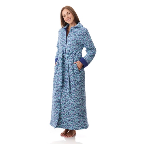 Womens Givoni Blue Quilted Long Length Button Wrap Cotton Dressing Gown Bath Robe 38J