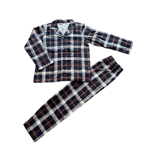 Boys Size 8-16 Navy Orange Check Winter Cotton Flannel Long Sleeve Pyjama Set (Me)