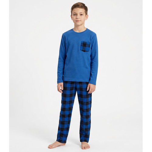 Boys Size 8-16 Royal Blue Waffle Cotton Long Top Flannel Long Pants Pyjama Set (Me)